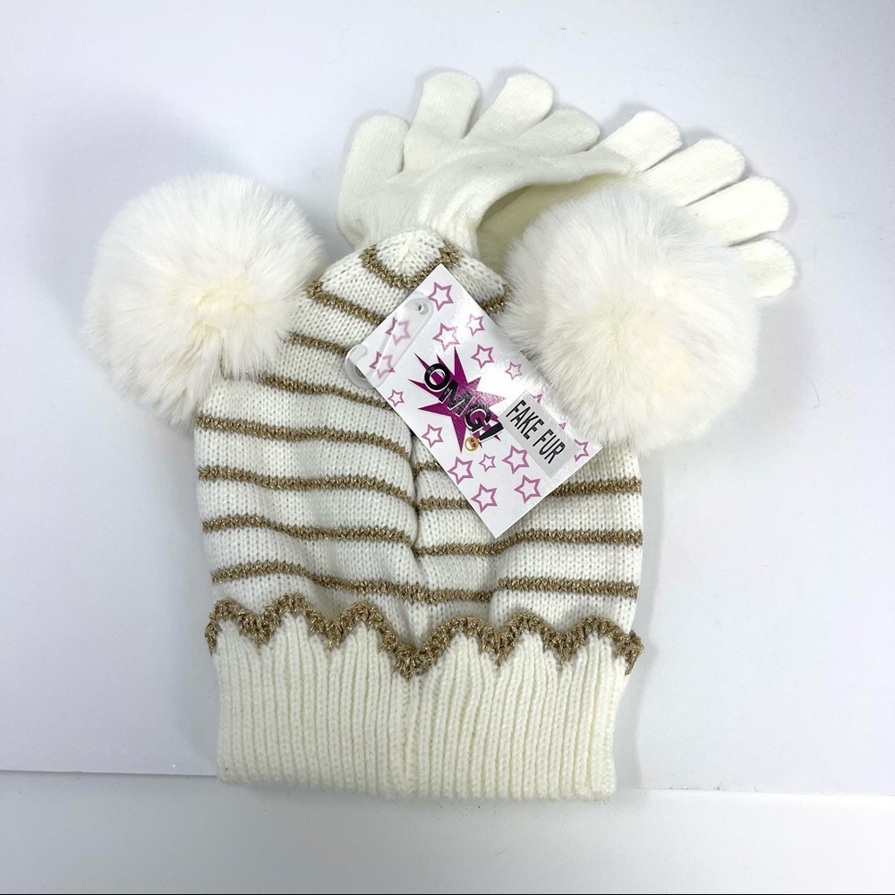 OMG Pom Pom beanie stiped faux fur with gloves